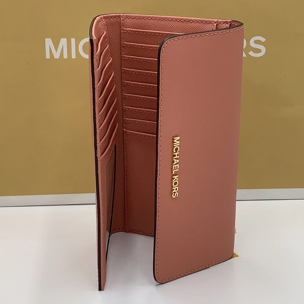 MICHAEL KORS JET SET TRAVEL LARGE TRIFOLD WALLET SUNSET ROSE COLOR